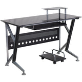 Black Glass Computer Desk with Pull-Out Keyboard Tray and CPU Cart