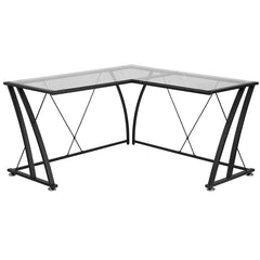 Glass L-Shape Computer Desk with Black Frame Finish