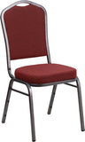 HERCULES Series Crown Back Stacking Banquet Chair with Burgundy Patterned Fabric and 2.5'' Thick Seat - Silver Vein Frame