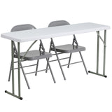 18'' x 60'' Plastic Folding Training Table with 2 Gray Metal Folding Chairs