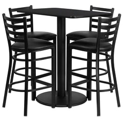 24'' x 42'' Rectangular Black Laminate Table Set with 4 Ladder Back Metal Bar Stools - Black Vinyl Seat