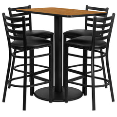 24'' x 42'' Rectangular Natural Laminate Table Set with 4 Ladder Back Metal Bar Stools - Black Vinyl Seat