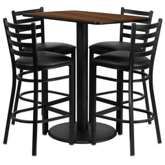 24'' x 42'' Rectangular Walnut Laminate Table Set with 4 Ladder Back Metal Bar Stools - Black Vinyl Seat