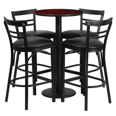 24'' Round Mahogany Laminate Table Set with 4 Ladder Back Bar Stools - Black Vinyl Seat