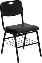 HERCULES Series 880 lb. Capacity Black Plastic Chair with Black Frame and Book Basket