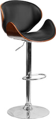 Walnut Bentwood Adjustable Height Barstool with Curved Black Vinyl Seat and Back