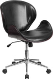 Mid-Back Mahogany Wood Swivel Conference Chair in Black Leather