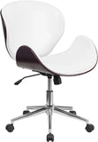 Mid-Back Mahogany Wood Swivel Conference Chair in White Leather
