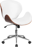 Mid-Back Walnut Wood Swivel Conference Chair in White Leather
