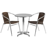 23.5'' Round Aluminum Indoor-Outdoor Table with 2 Rattan Chairs