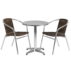23.5'' Round Aluminum Indoor-Outdoor Table with 2 Rattan Chairs
