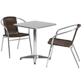 23.5'' Square Aluminum Indoor-Outdoor Table with 2 Rattan Chairs