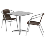 27.5'' Square Aluminum Indoor-Outdoor Table with 2 Rattan Chairs