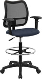 Mid-Back Mesh Drafting Chair with Navy Blue Fabric Seat and Height Adjustable Arms