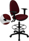 Mid-Back Burgundy Fabric Multi-Functional Drafting Chair with Adjustable Lumbar Support and Height Adjustable Arms