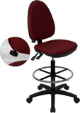 Mid-Back Burgundy Fabric Multi-Functional Drafting Chair with Adjustable Lumbar Support