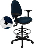 Mid-Back Navy Blue Fabric Multi-Functional Drafting Chair with Adjustable Lumbar Support and Height Adjustable Arms