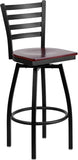 HERCULES Series Black Ladder Back Swivel Metal Barstool - Mahogany Wood Seat