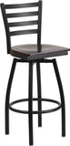 HERCULES Series Black Ladder Back Swivel Metal Barstool - Walnut Wood Seat