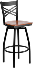 HERCULES Series Black ''X'' Back Swivel Metal Barstool - Cherry Wood Seat