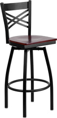 HERCULES Series Black ''X'' Back Swivel Metal Barstool - Mahogany Wood Seat