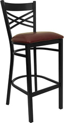 HERCULES Series Black ''X'' Back Metal Restaurant Barstool - Burgundy Vinyl Seat