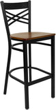 HERCULES Series Black ''X'' Back Metal Restaurant Barstool - Cherry Wood Seat