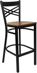 HERCULES Series Black ''X'' Back Metal Restaurant Barstool - Cherry Wood Seat