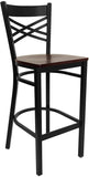 HERCULES Series Black ''X'' Back Metal Restaurant Barstool - Mahogany Wood Seat