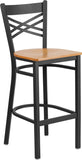 HERCULES Series Black ''X'' Back Metal Restaurant Barstool - Natural Wood Seat