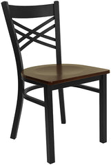 HERCULES Series Black ''X'' Back Metal Restaurant Chair - Mahogany Wood Seat