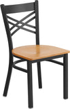 HERCULES Series Black ''X'' Back Metal Restaurant Chair - Natural Wood Seat