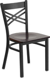 HERCULES Series Black ''X'' Back Metal Restaurant Chair - Walnut Wood Seat