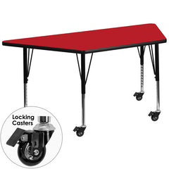 Mobile 30''W x 60''L Trapezoid Activity Table with 1.25'' Thick High Pressure Red Laminate Top and Height Adjustable Preschool Legs