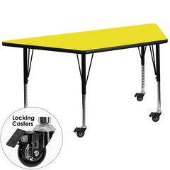 Mobile 30''W x 60''L Trapezoid Activity Table with 1.25'' Thick High Pressure Yellow Laminate Top and Height Adjustable Preschool Legs