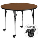 Mobile 42'' Round Activity Table with 1.25'' Thick High Pressure Oak Laminate Top and Standard Height Adjustable Legs