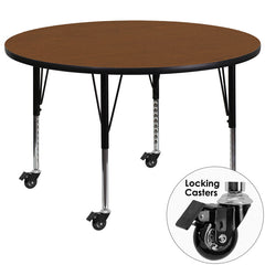 Mobile 42'' Round Activity Table with 1.25'' Thick High Pressure Oak Laminate Top and Height Adjustable Preschool Legs