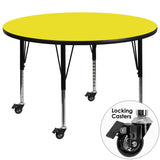 Mobile 42'' Round Activity Table with 1.25'' Thick High Pressure Yellow Laminate Top and Height Adjustable Preschool Legs