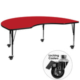 Mobile 48''W x 72''L Kidney Shaped Activity Table with 1.25'' Thick High Pressure Red Laminate Top and Height Adjustable Preschool Legs