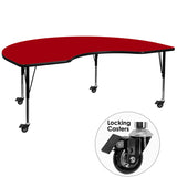 Mobile 48''W x 72''L Kidney Shaped Activity Table with Red Thermal Fused Laminate Top and Height Adjustable Preschool Legs