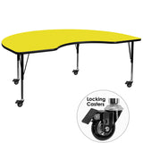 Mobile 48''W x 72''L Kidney Shaped Activity Table with 1.25'' Thick High Pressure Yellow Laminate Top and Height Adjustable Preschool Legs