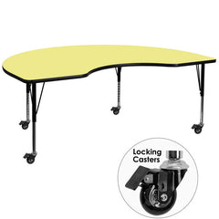 Mobile 48''W x 72''L Kidney Shaped Activity Table with Yellow Thermal Fused Laminate Top and Height Adjustable Preschool Legs