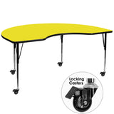 Mobile 48''W x 96''L Kidney Shaped Activity Table with 1.25'' Thick High Pressure Yellow Laminate Top and Standard Height Adjustable Legs