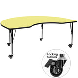 Mobile 48''W x 96''L Kidney Shaped Activity Table with Yellow Thermal Fused Laminate Top and Height Adjustable Preschool Legs
