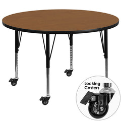 Mobile 60'' Round Activity Table with Oak Thermal Fused Laminate Top and Height Adjustable Preschool Legs