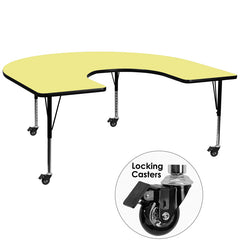 Mobile 60''W x 66''L Horseshoe Shaped Activity Table with Yellow Thermal Fused Laminate Top and Height Adjustable Preschool Legs