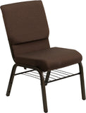 HERCULES Series 18.5''W Brown Fabric Church Chair with 4.25'' Thick Seat, Book Rack - Gold Vein Frame