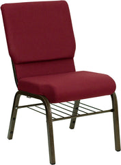 HERCULES Series 18.5''W Burgundy Fabric Church Chair with 4.25'' Thick Seat, Book Rack - Gold Vein Frame