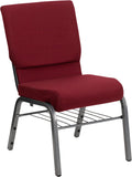 HERCULES Series 18.5''W Burgundy Fabric Church Chair with 4.25'' Thick Seat, Book Rack - Silver Vein Frame