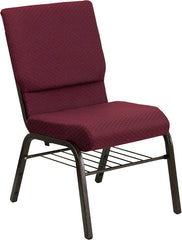 HERCULES Series 18.5''W Burgundy Patterned Fabric Church Chair with 4.25'' Thick Seat, Book Rack - Gold Vein Frame